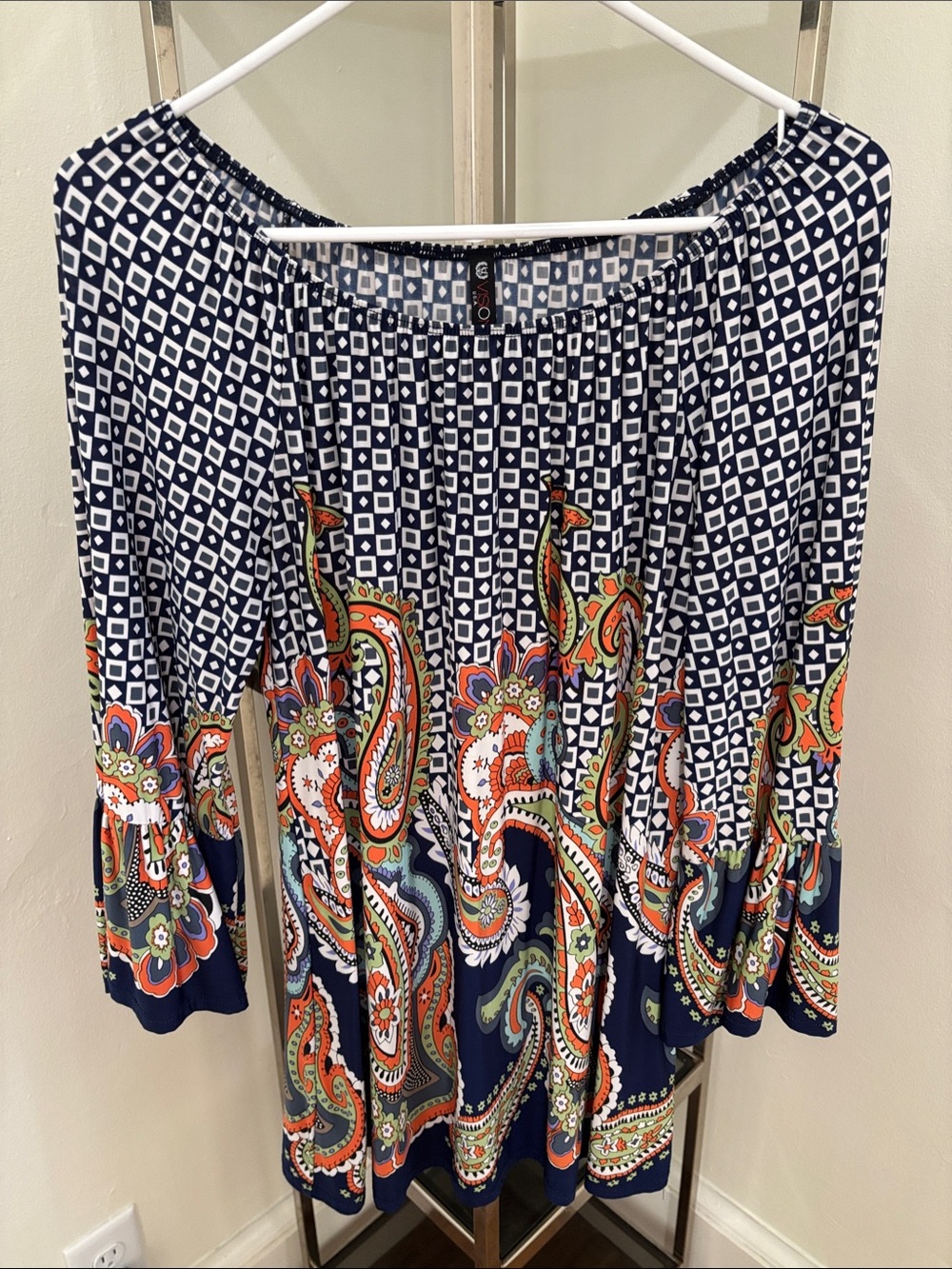 Navy Blue Off-Shoulder Paisley Peasant Dress
